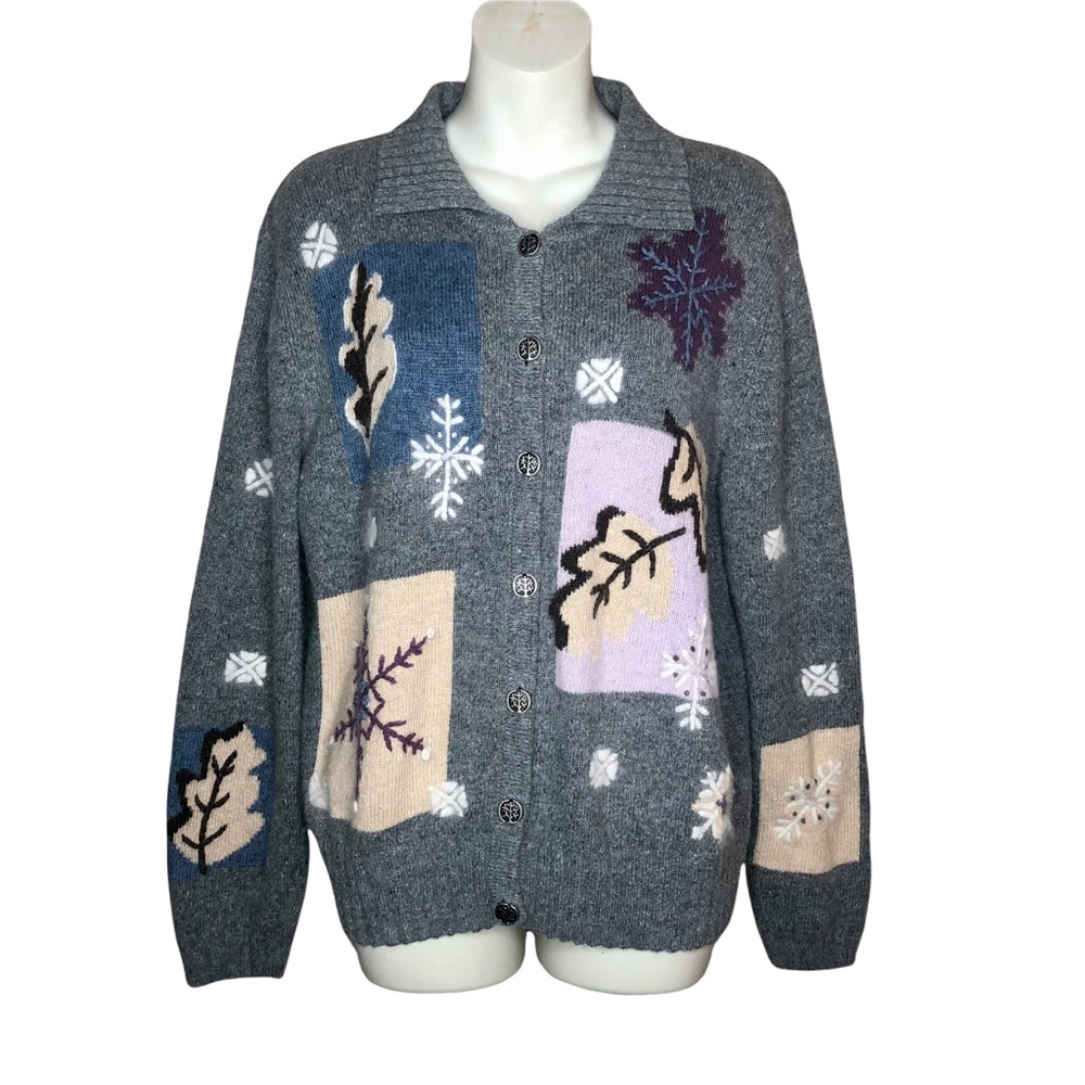 Northcrest Holiday Lodge Gray Leaf Holiday Sweater Cardigan Ugly Party Sz 18 XL